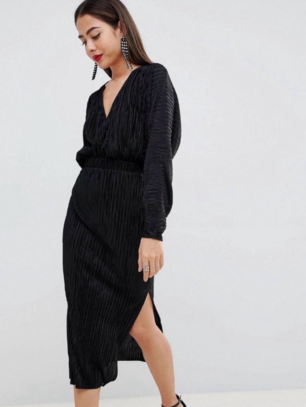 ASOS Black V-Neck Long Sleeve Midi Dress